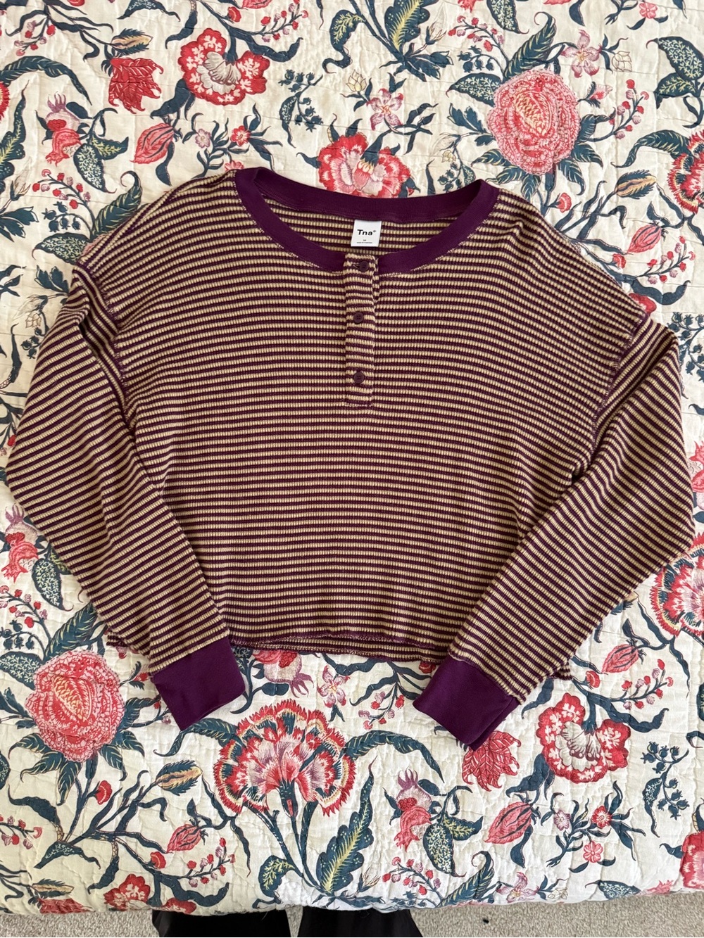 TNA Purple & Tan Striped Cropped Henley